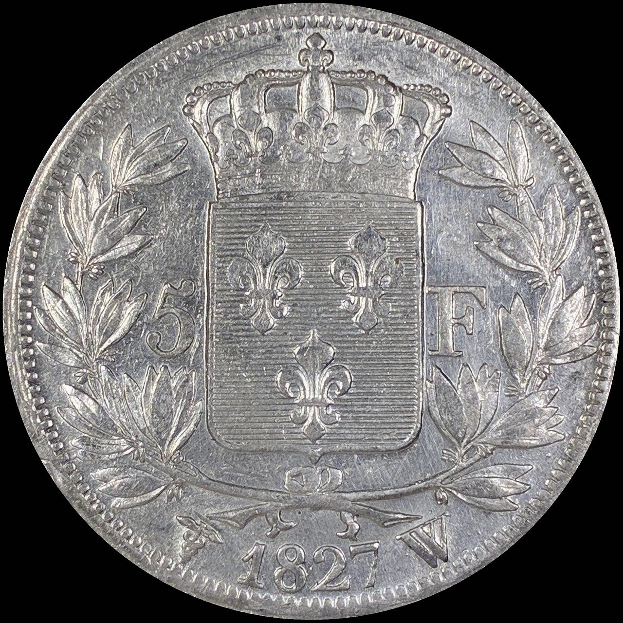 【雨安】【直播拍卖】【第0127期-裸币套币】2026-03-13 周五 19:30 (金价1140, 银价21.50) [裸币法国] France 法国 5法郎 KM#0728 查理十世 1827年 细节非常好, 带底光