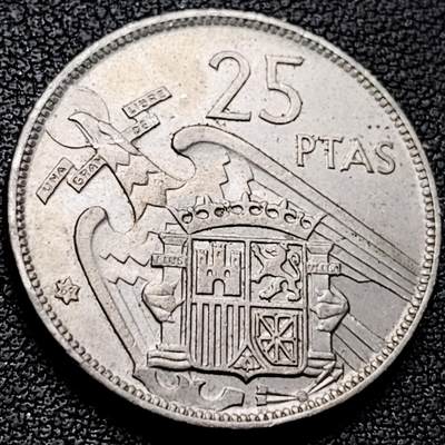 泉币菌-第209场-拍品多 请提前出价 - 原光美品 西班牙1957年25比萨塔 弗朗哥 铜镍币 26.5mm 