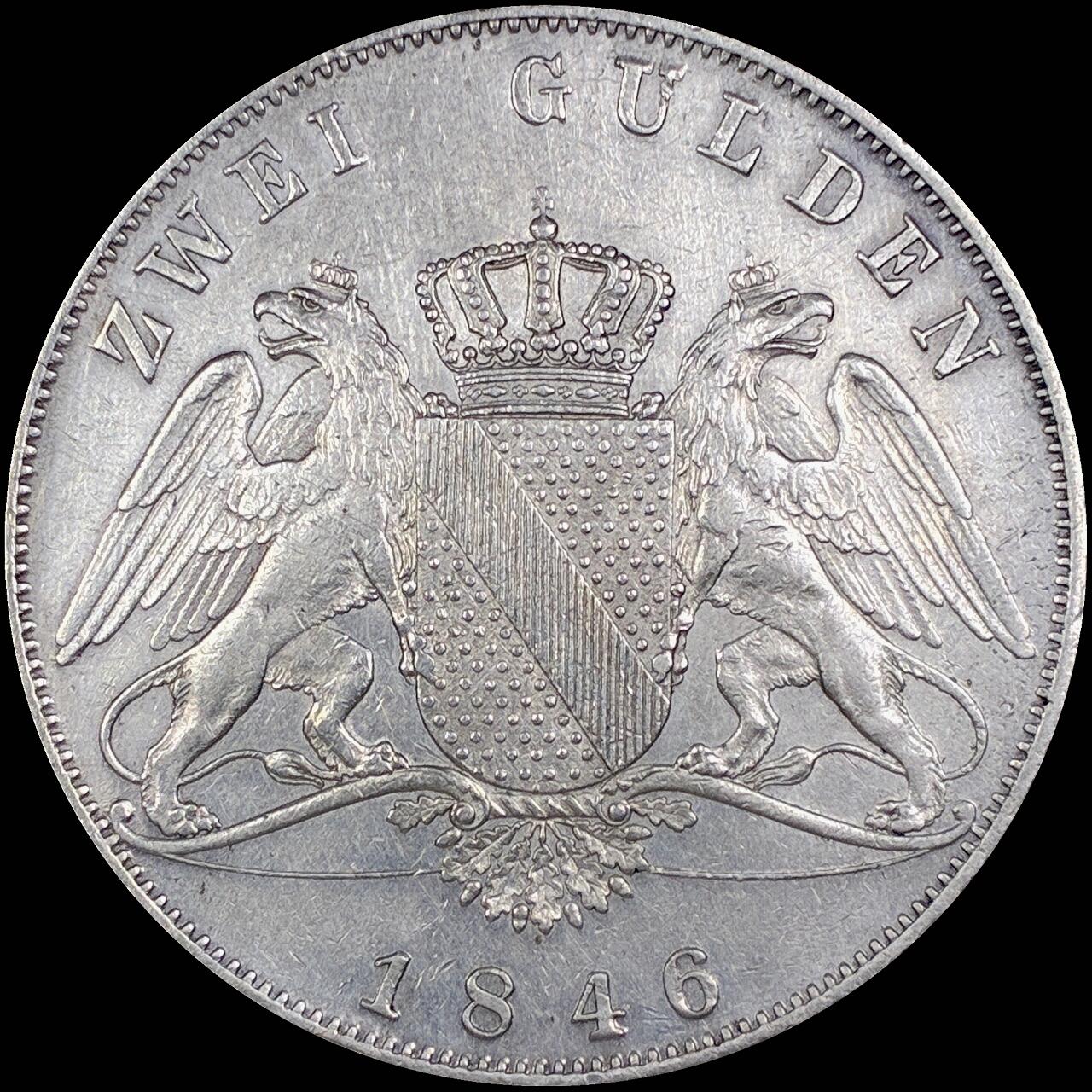 【雨安】【直播拍卖】【第0127期-裸币套币】2026-03-13 周五 19:30 (金价1140, 银价21.50) [裸币德国] Germany 德国 德意志 2盾 Baden巴登 Thun.027 KM#0222 (1846-1852) 1846年