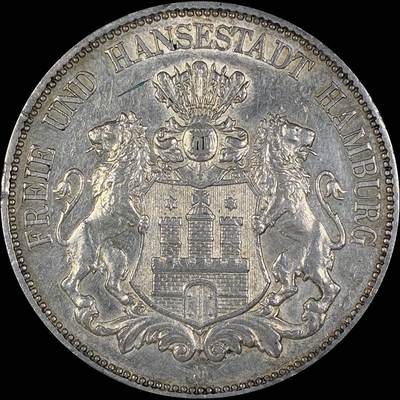 【雨安】【直播拍卖】【第0127期-裸币套币】2026-03-13 周五 19:30 (金价1140, 银价21.50) - [裸币德国] Germany 德国 帝国 J.065 汉堡 5马克 (1891-1913) 双狮 1913年