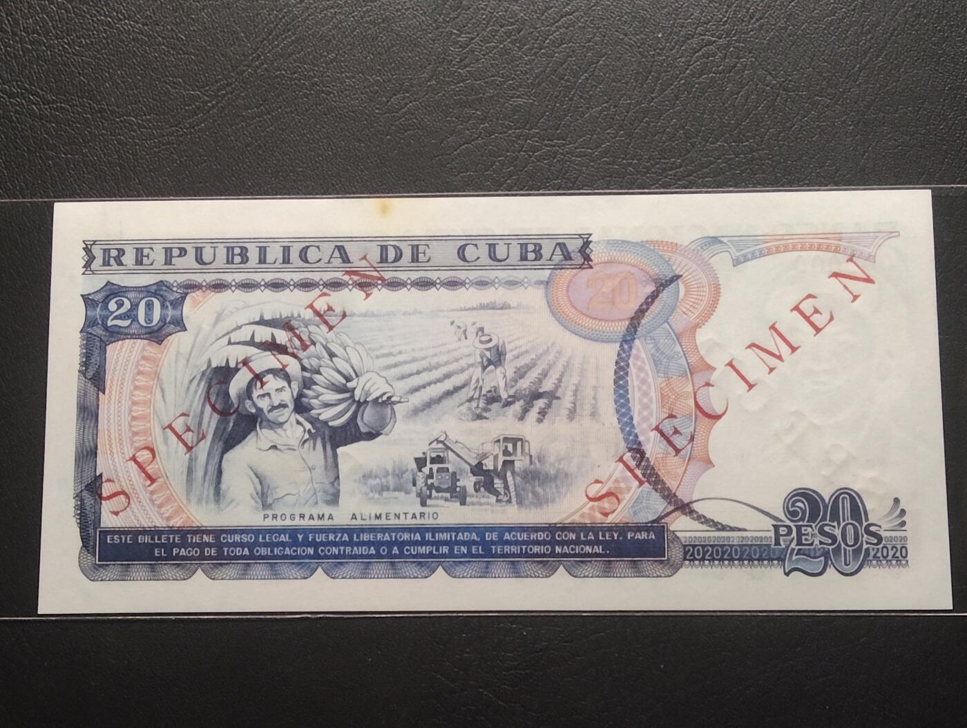 2026三月第二期，总219期 古巴1991年20比索全零票样UNC-，农业收获