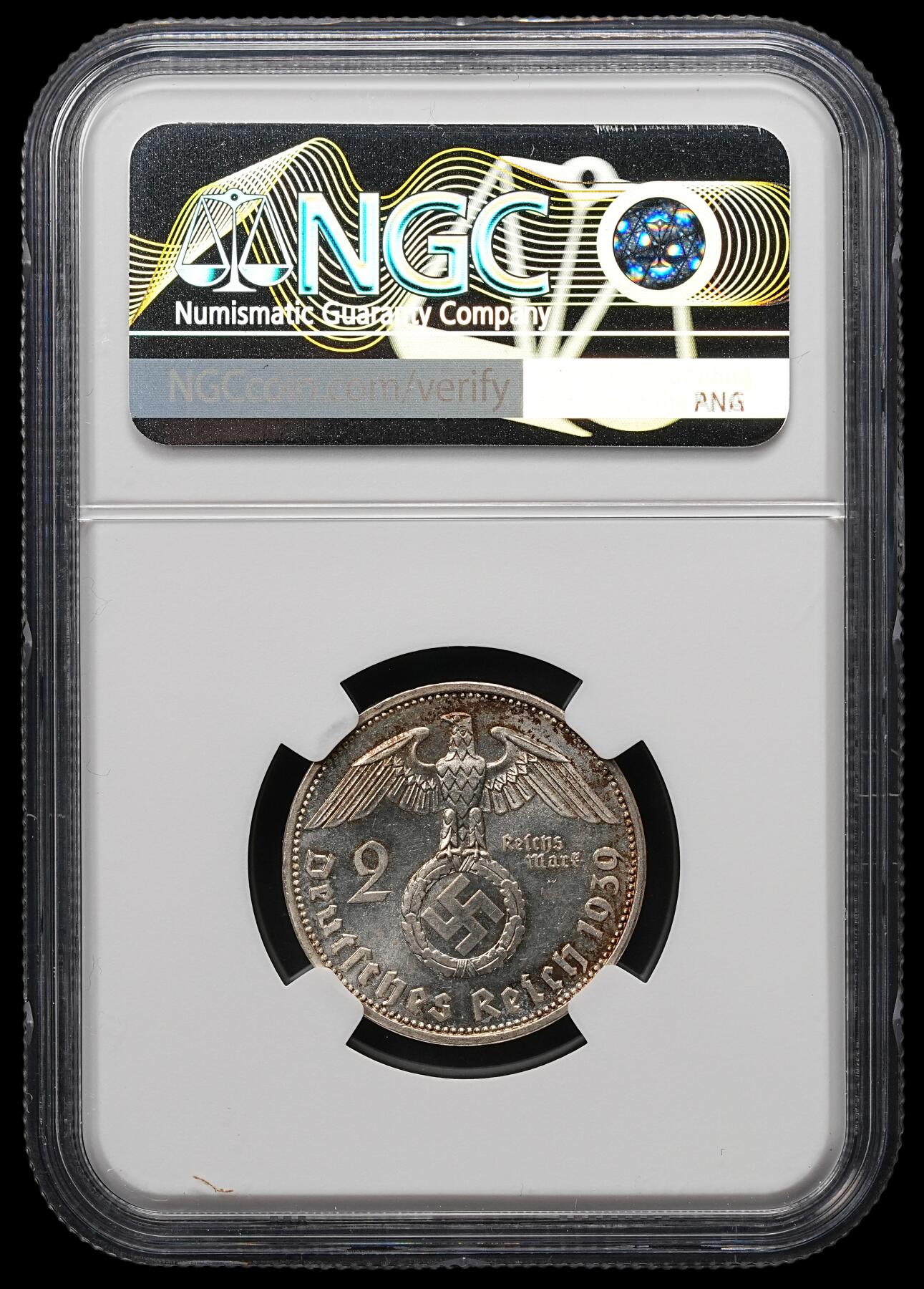 修遠堂世界钱币第107期 NGC MS64 1939年德国兴登堡2马克银币，A厂铭