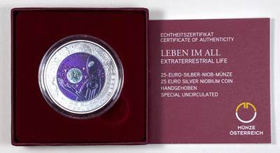 【雨安】【直播拍卖】【第0127期-裸币套币】2026-03-13 周五 19:30 (金价1140, 银价21.50) - [现代装帧] Austria 欧元 奥地利 25欧元 2022年 外星生命 铌芯银币