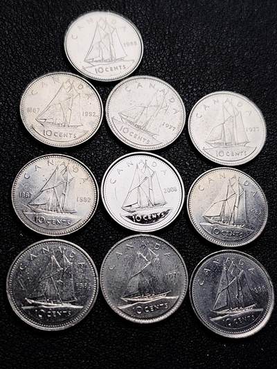 泉币菌-第208场-拍品多 请提前出价 - 10枚高币值一组 加拿大10分镍币帆船 伊丽莎白二世 混合年份未挑 
