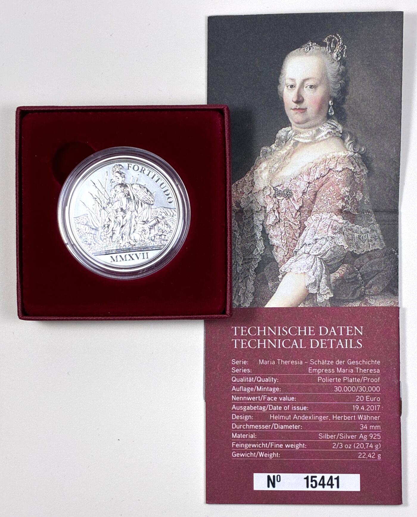 【雨安】【直播拍卖】【第0127期-裸币套币】2026-03-13 周五 19:30 (金价1140, 银价21.50) [现代装帧] Austria 欧元 奥地利 20欧元 2017年 特蕾西亚.勇气与决心