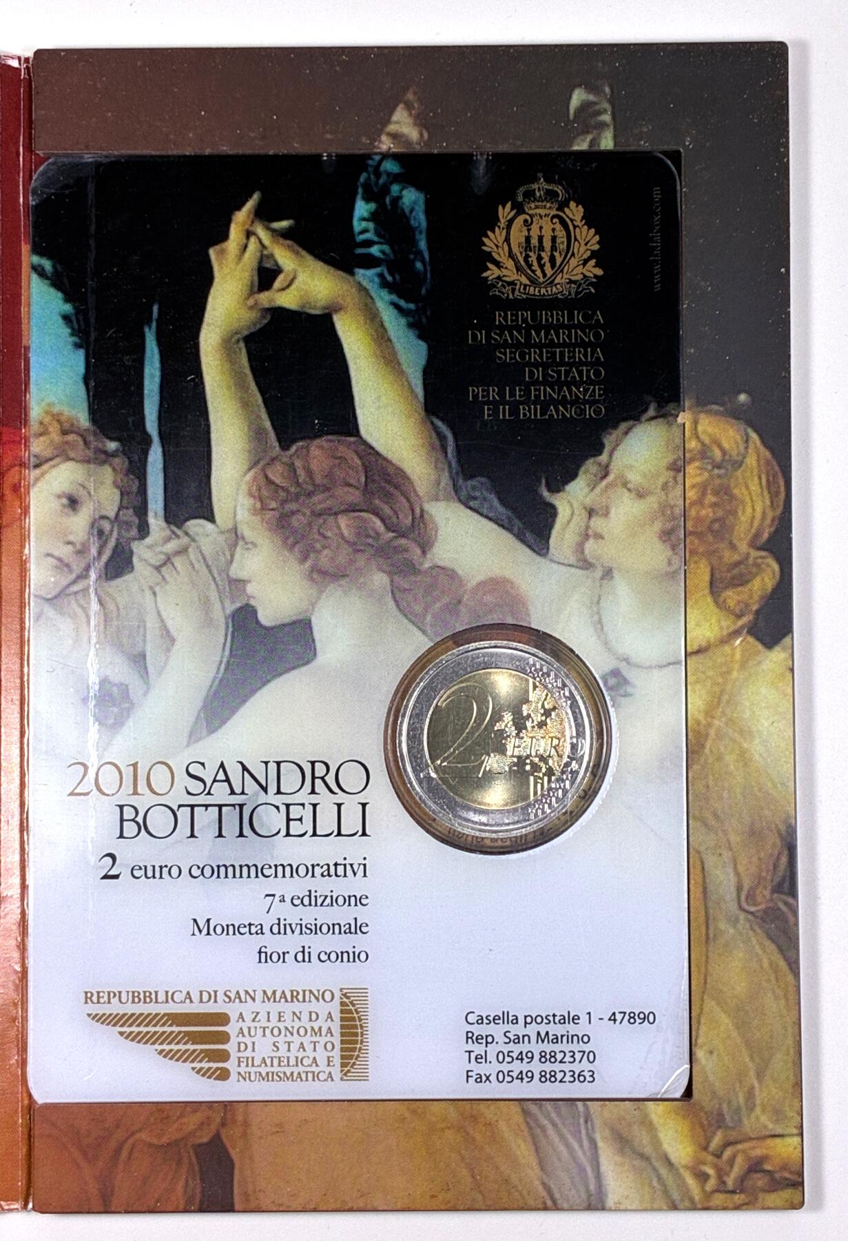 【雨安】【直播拍卖】【第0127期-裸币套币】2026-03-13 周五 19:30 (金价1140, 银价21.50) [现代装帧] San Marino 欧元 圣马力诺 2欧元 2010年 波提切利逝世500周年