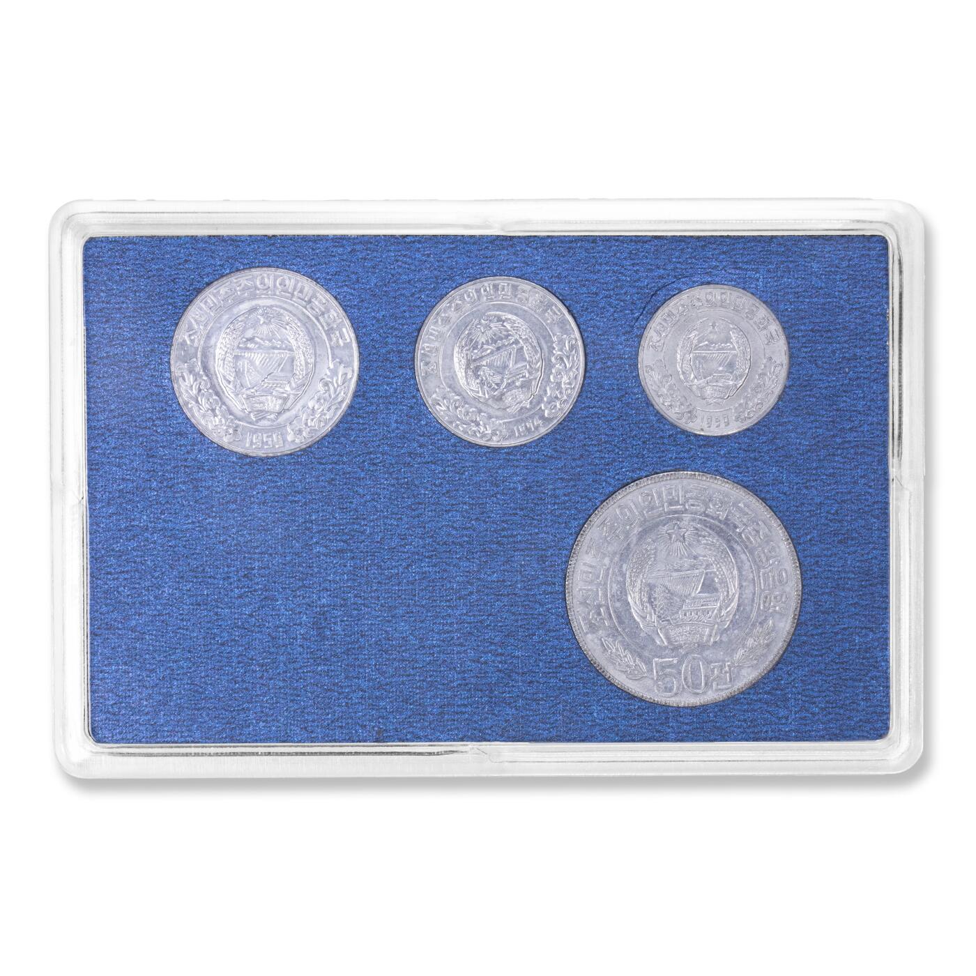 1986年朝鲜-双星版外汇硬币1钱/5钱/10钱/50钱朝鲜原盒双星版