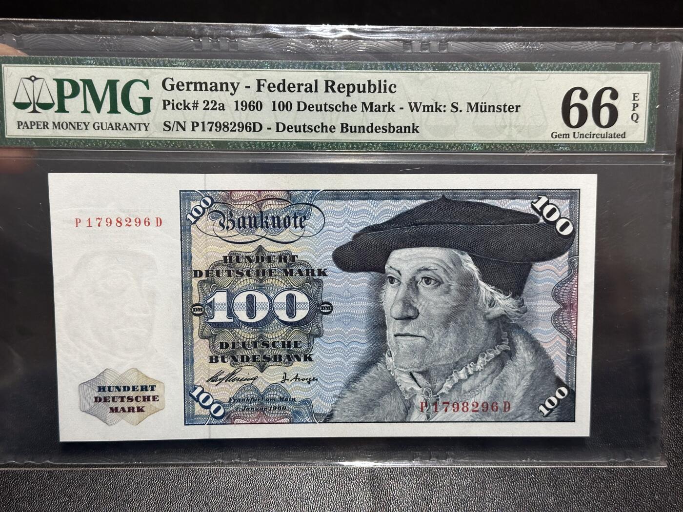 《外钞收藏家》第六百一十七期（精选场）（长期征集拍品、欢迎藏友们联系合作） 1960年德国100马克 明斯克 初版 PMG66