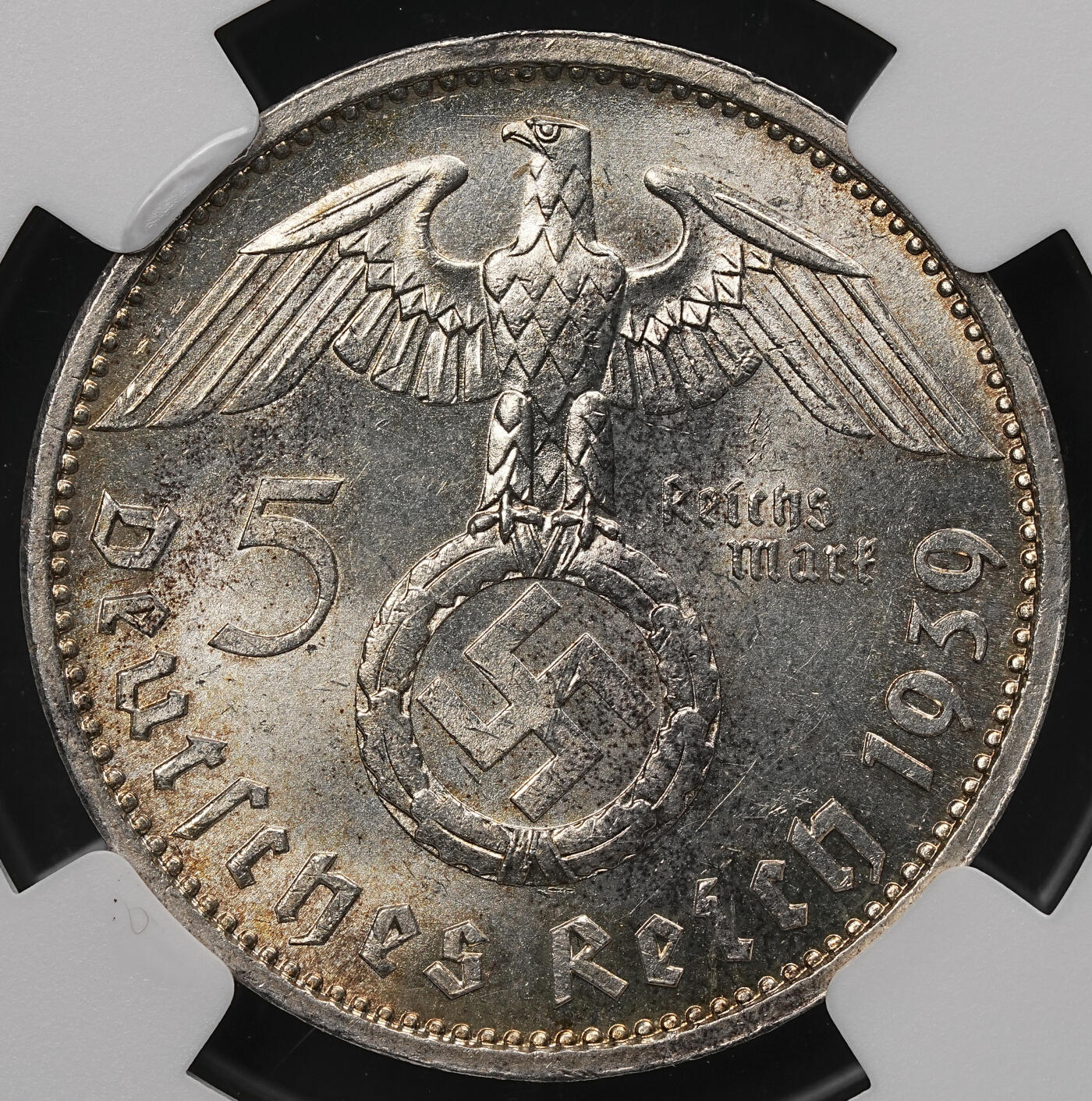 修遠堂世界钱币第107期 NGC MS64 1939年兴登堡5马克银币，A厂铭