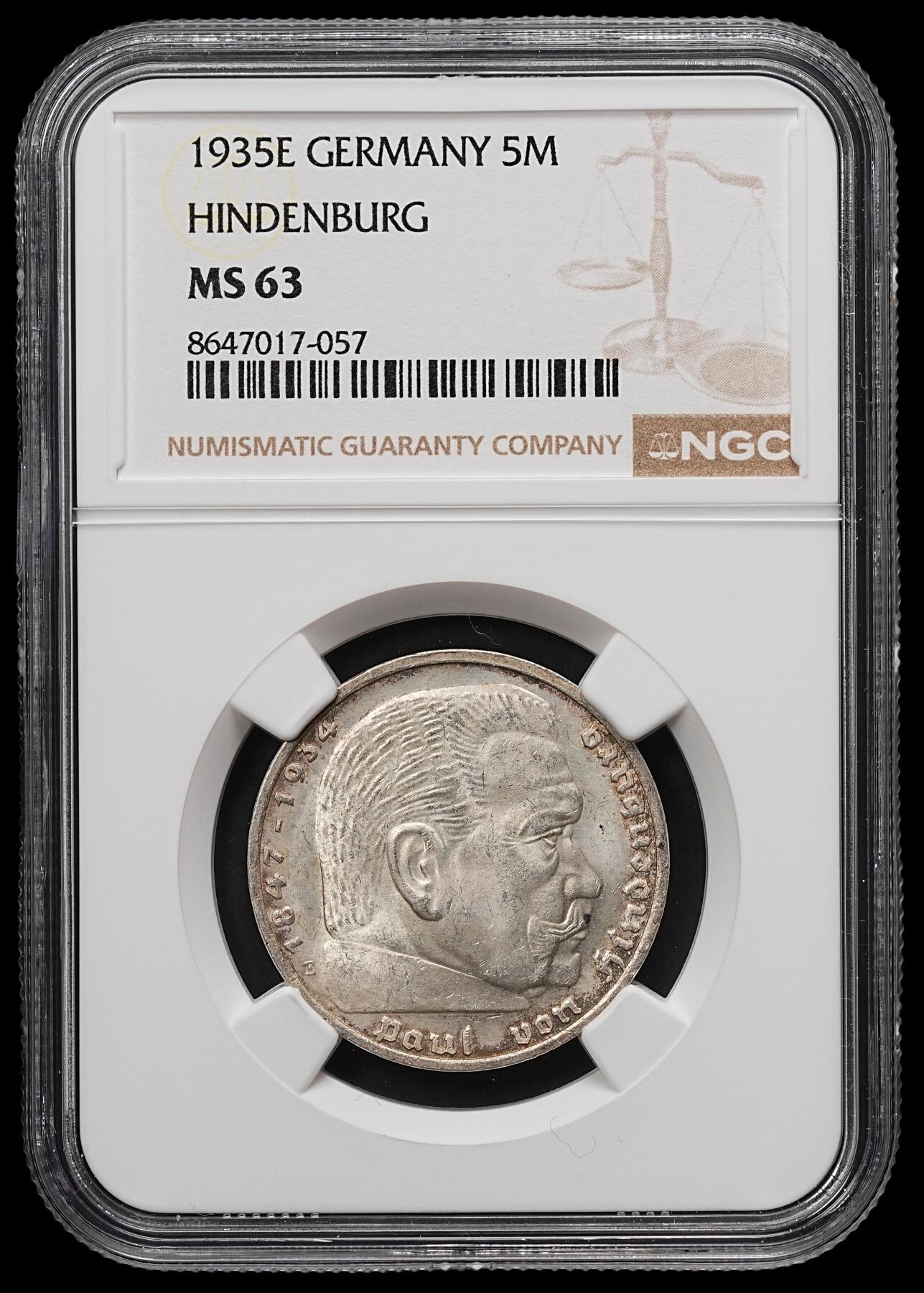 修遠堂世界钱币第107期 NGC MS63 1935年兴登堡5马克银币，E厂铭