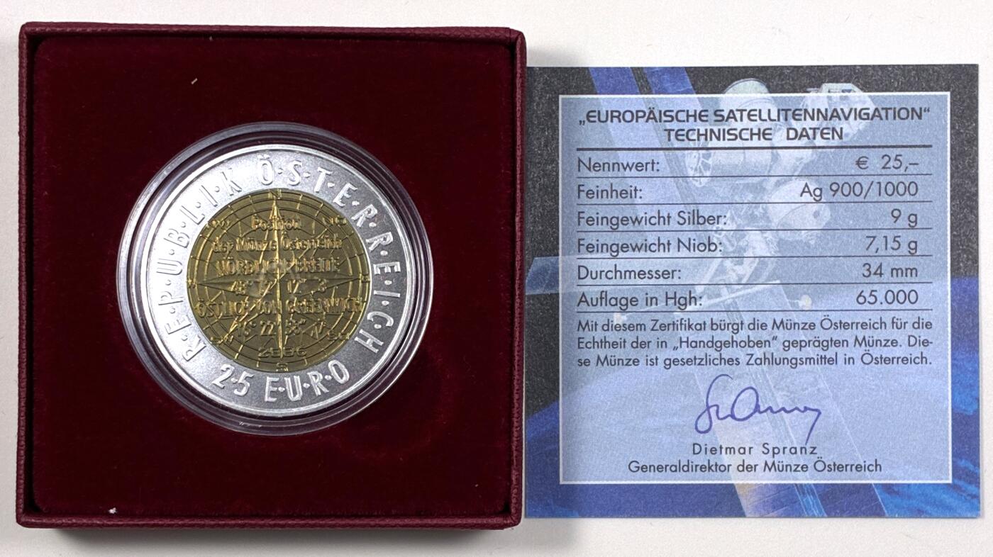 【雨安】【直播拍卖】【第0127期-裸币套币】2026-03-13 周五 19:30 (金价1140, 银价21.50) [现代装帧] Austria 欧元 奥地利 25欧元 2006年 欧洲卫星导航 铌芯银币