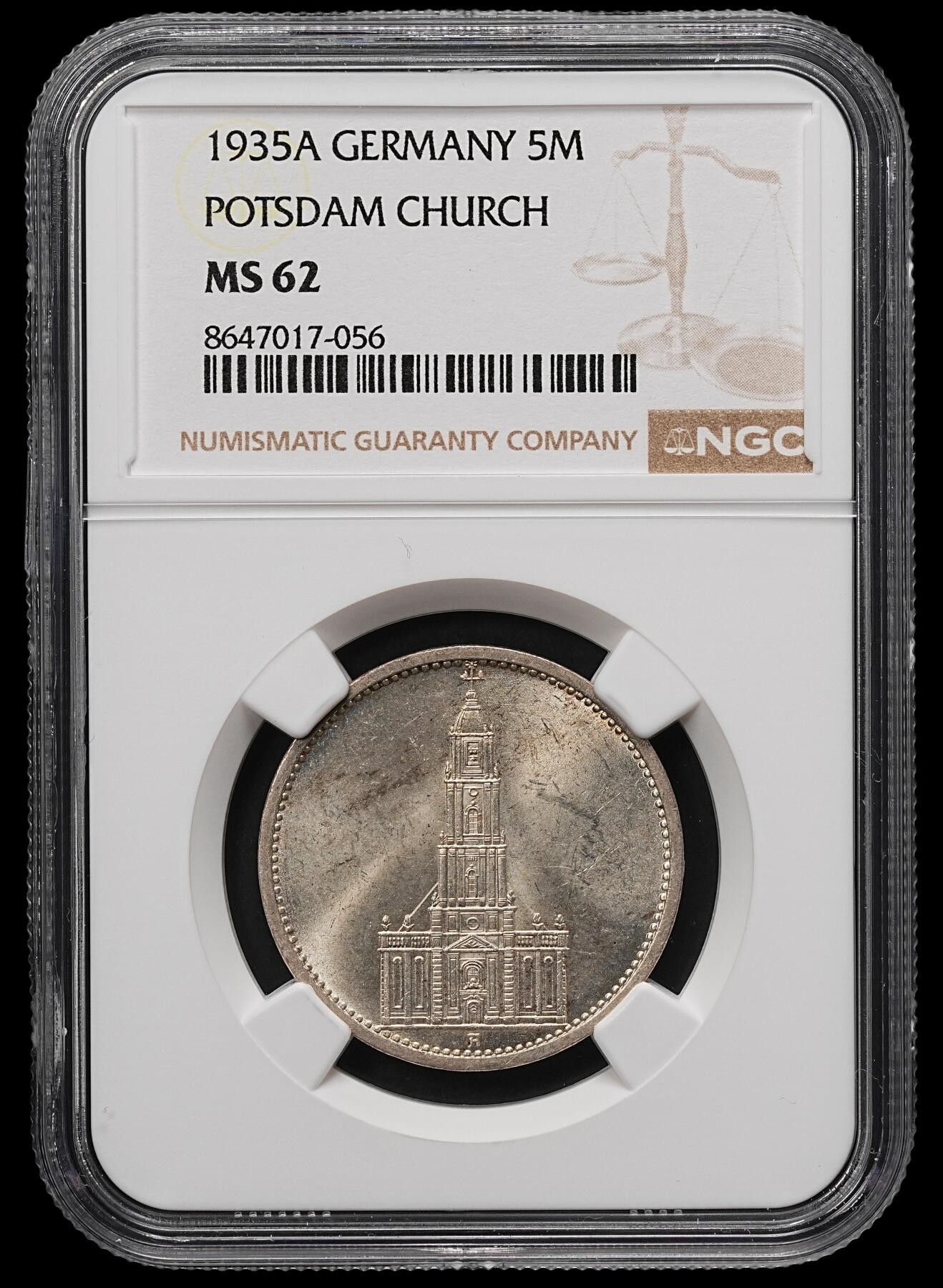 修遠堂世界钱币第107期 NGC MS62 1935年德国教堂5马克银币，A厂铭