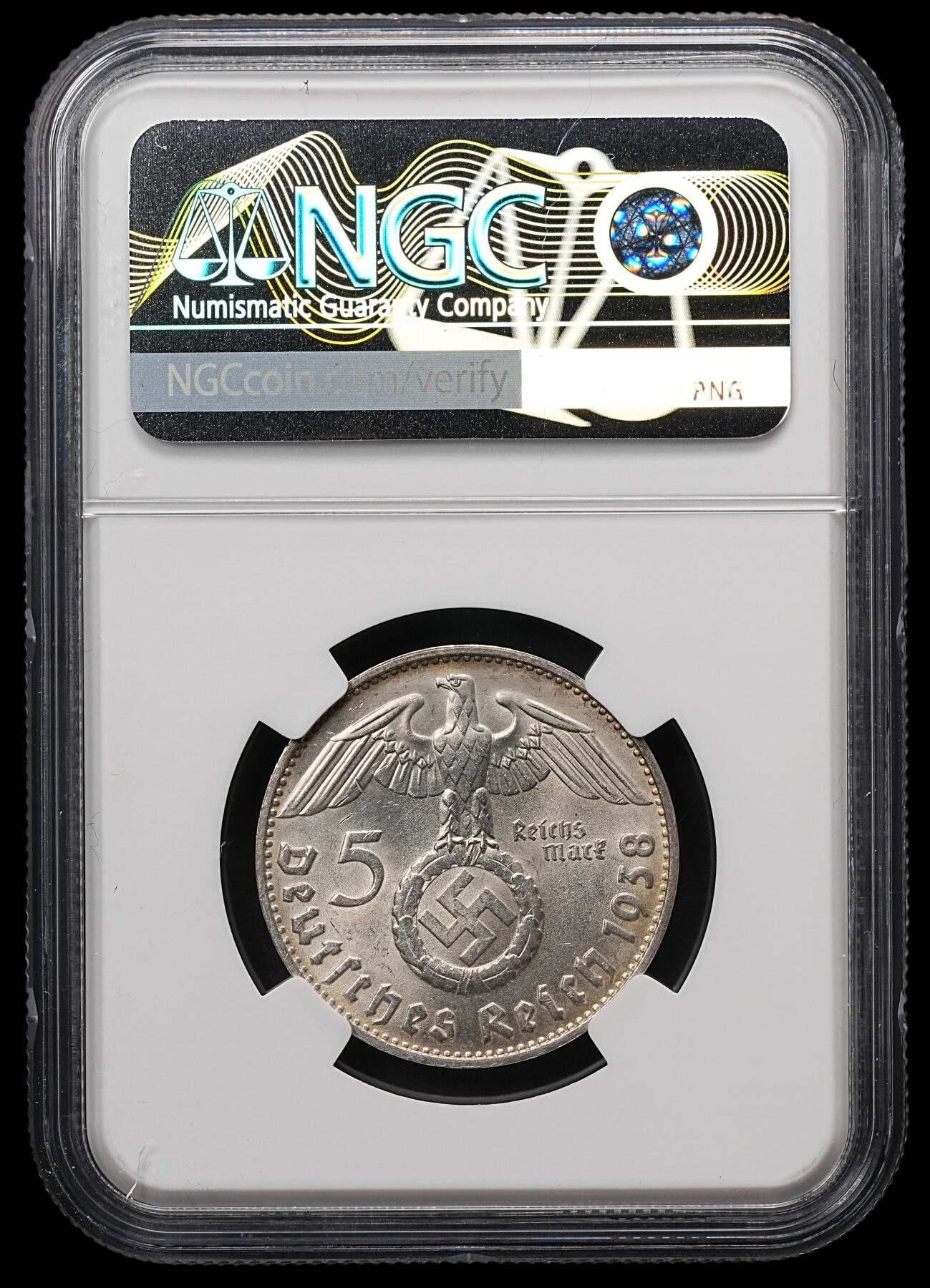 修遠堂世界钱币第107期 NGC MS64 1938年兴登堡5马克银币，D厂铭