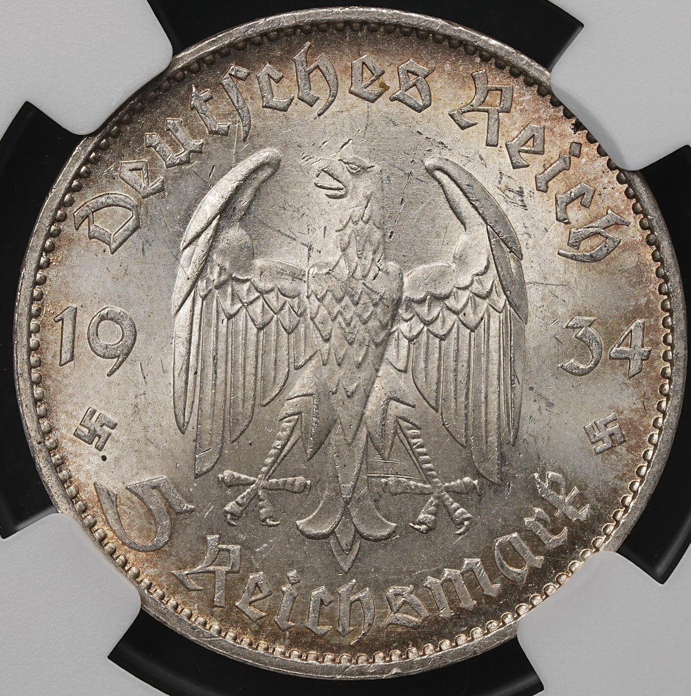 修遠堂世界钱币第107期 NGC MS62 1934年德国教堂5马克银币，E厂铭