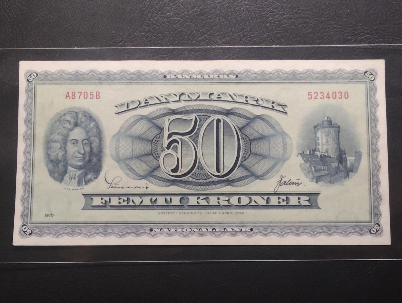 2026三月第二期，总219期 丹麦1970年50克朗UNC-有针孔 天文学家罗默 少见中高面值品种