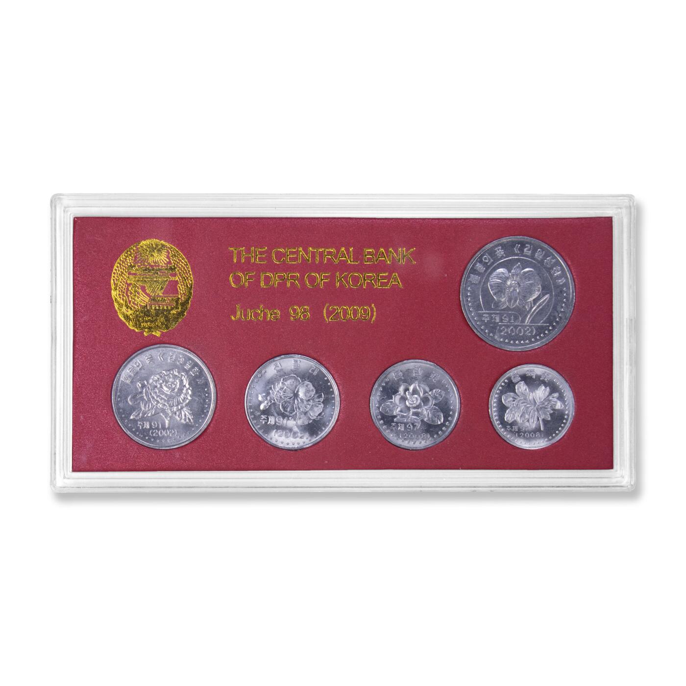 2009年朝鲜-第三套流通硬币1钱/5钱/10钱/50钱/1元样币套装花卉样币朝鲜央行原盒样币一第三套流通硬币
