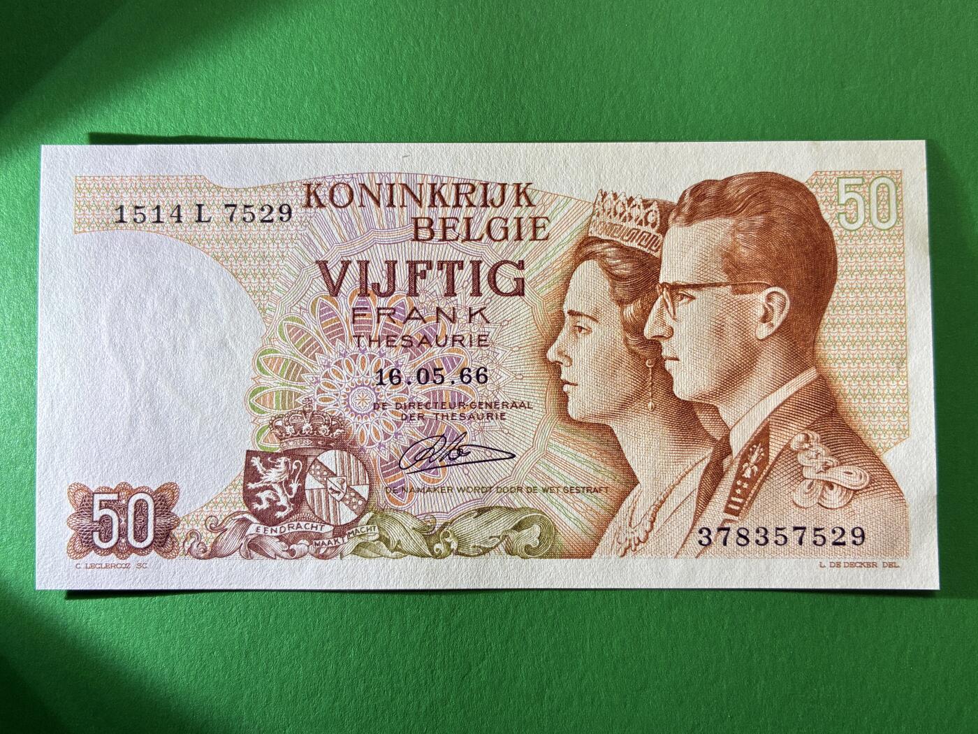 咖啡豆•收藏 2026年Mar_19th世界各国纸币拍卖 比利时 1966年 50法郎 全新UNC 外国 欧洲纸币