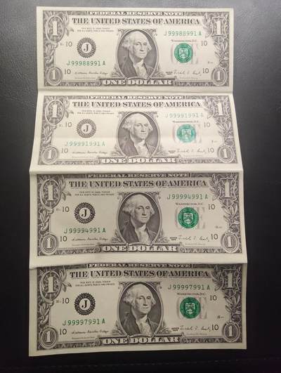2026三月第二期，总219期 - 美国1988年版密苏里州堪萨斯城印刷1元四连体钞尾三同991 品相如图 折叠发货