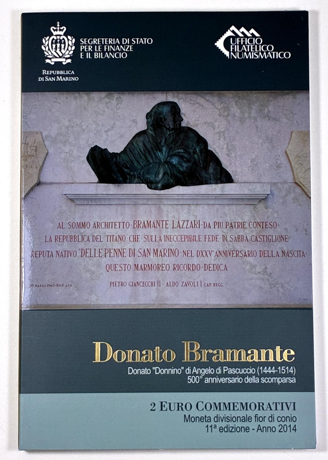 【雨安】【直播拍卖】【第0127期-裸币套币】2026-03-13 周五 19:30 (金价1140, 银价21.50) [现代装帧] San Marino 欧元 圣马力诺 2欧元 2014年 设计师多纳托·伯拉孟特逝世500周年