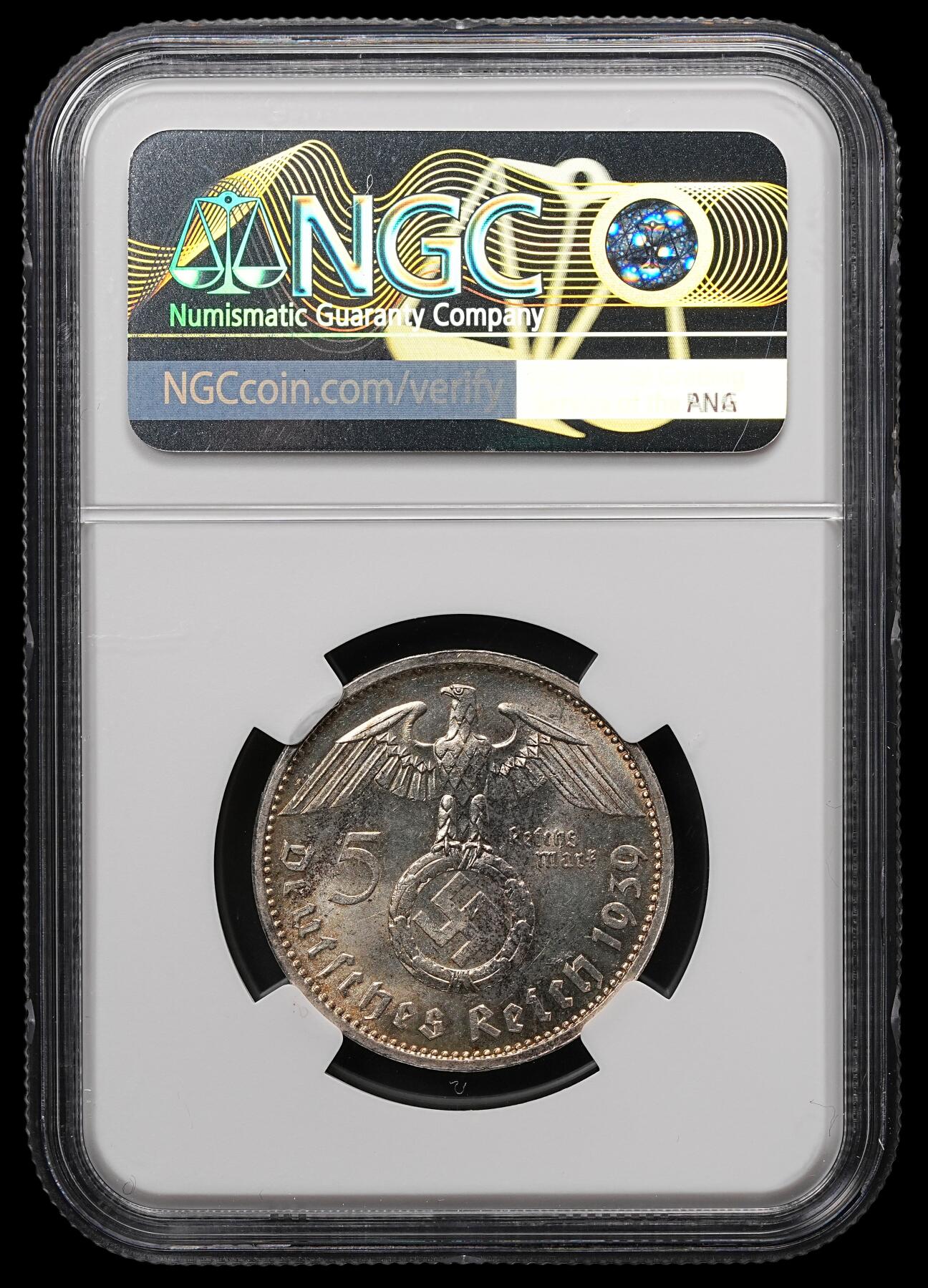 修遠堂世界钱币第107期 NGC MS64 1939年兴登堡5马克银币，A厂铭