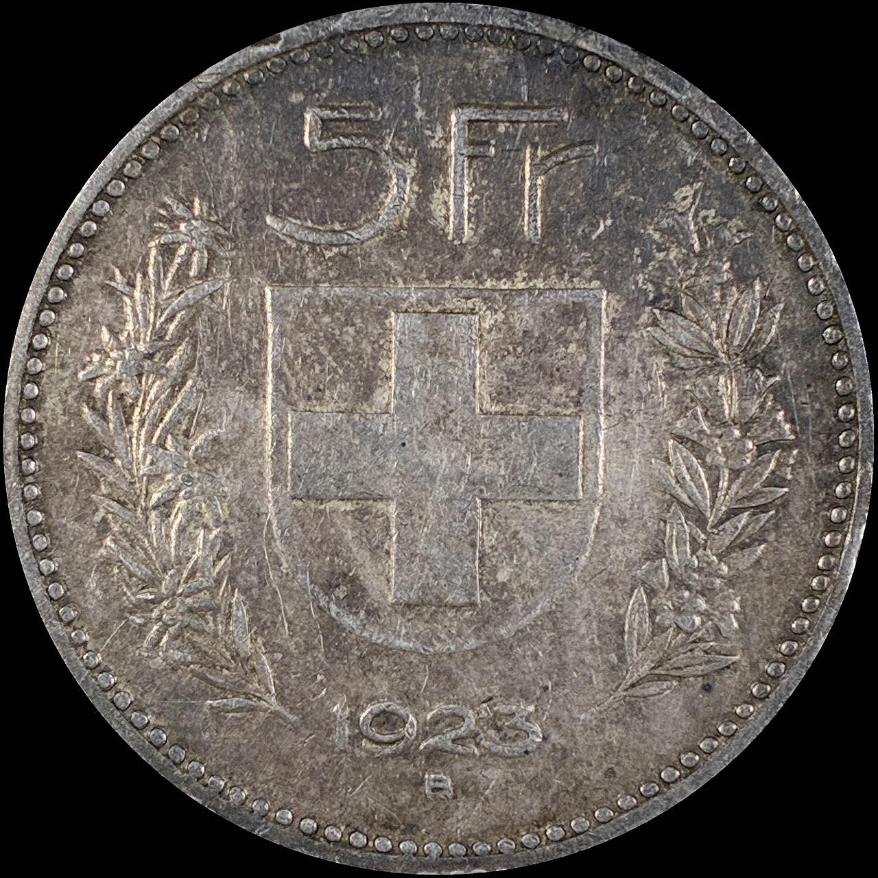 【雨安】【直播拍卖】【第0127期-裸币套币】2026-03-13 周五 19:30 (金价1140, 银价21.50) [裸币各国] Switzerland 瑞士 邦联 5法郎 KM#0037 (1922-1923) 1923年 大版