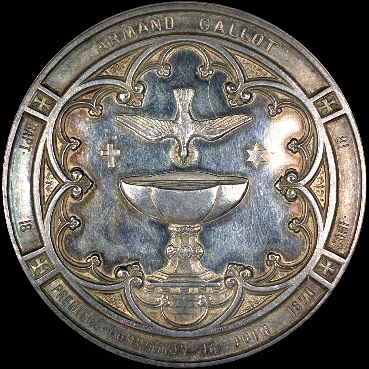 【雨安】【直播拍卖】【第0127期-裸币套币】2026-03-13 周五 19:30 (金价1140, 银价21.50) [徽章奖章] France [章] 法国 1870年 洗礼纪念 银章 53.8克, 51mm