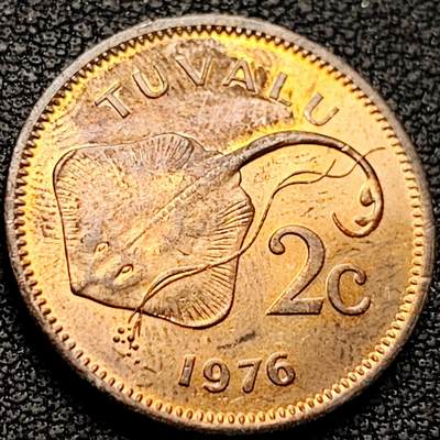 泉币菌-第209场-拍品多 请提前出价 - 原铜光UNC 英属图瓦卢 1976年2分青铜币 蝠鲼魔鬼鱼 伊丽莎白二世 21.6MM