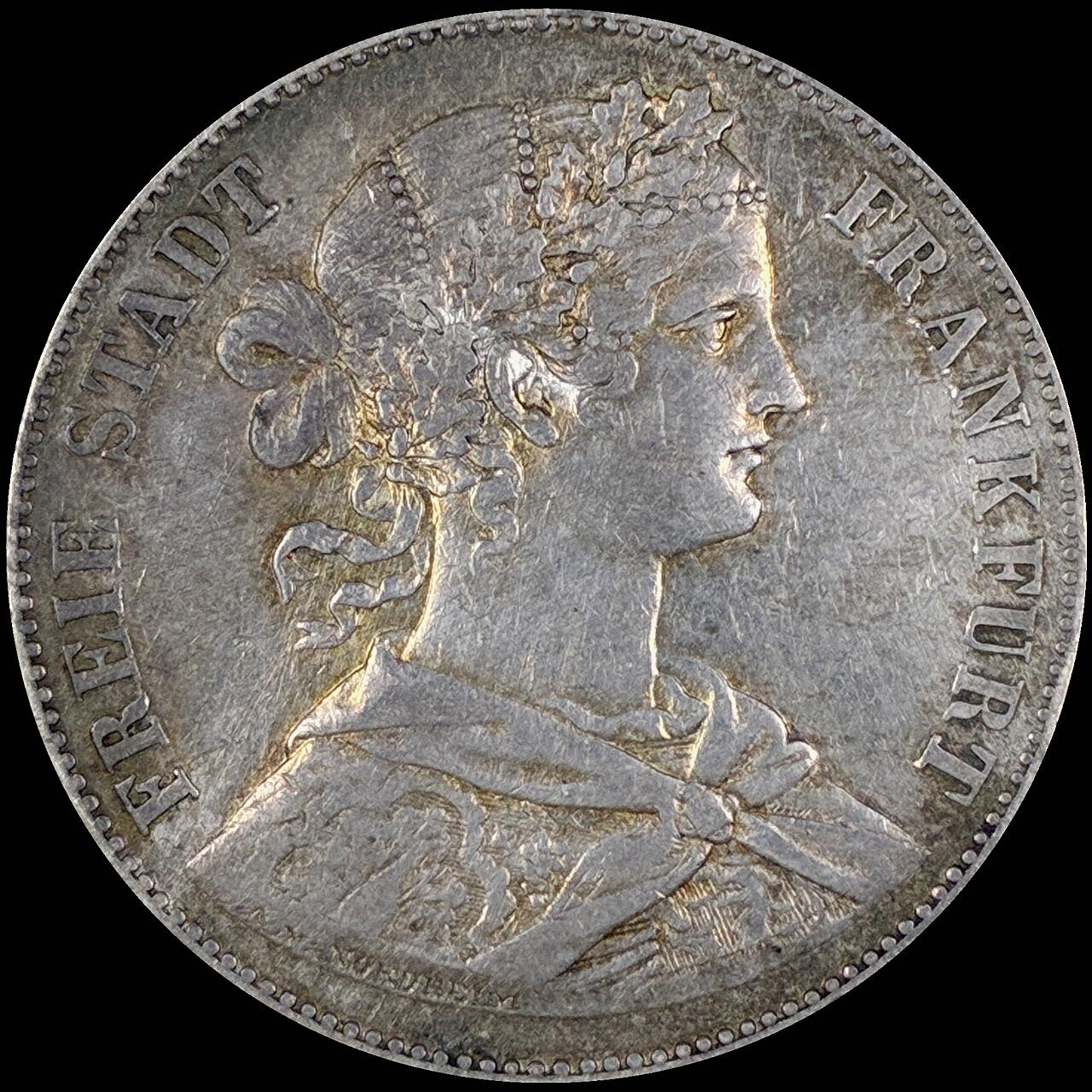 【雨安】【直播拍卖】【第0127期-裸币套币】2026-03-13 周五 19:30 (金价1140, 银价21.50) [裸币德国] Germany 德国 德意志 1泰勒 Frankfurt法兰克福 Thun.142 KM#0360 (1859-1860) 法兰克福少女 1860年