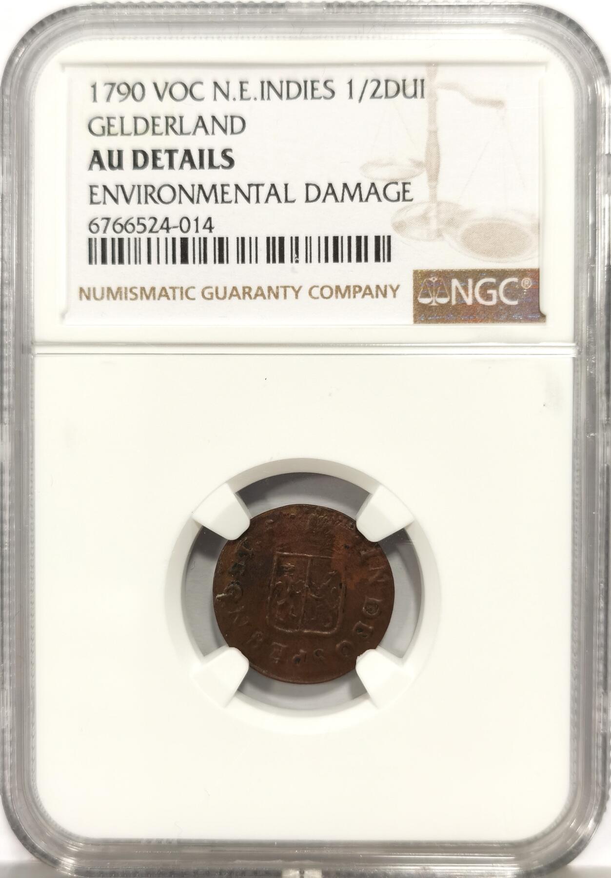 博洋堂世界钱币拍卖第164期（全场包邮） NGC AU 荷属东印度公司（VOC）1790年1/2Duit铜币，格尔德兰省铸造，少见品种