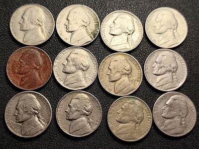 泉币菌-第208场-拍品多 请提前出价 - 12枚一组 美国杰斐逊纪念币 混合年份未挑