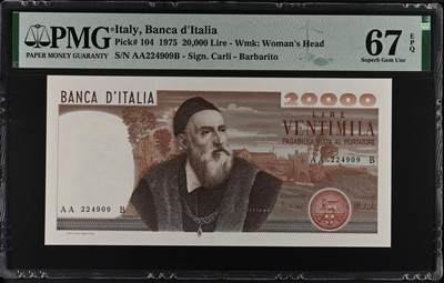 《艾美收藏》第236期-3.15周日外币畅拍 - 意大利1975年超少见AA冠20000里拉PMG67E亚军分 冠军68分仅4张 名誉品提香 经典名画《神圣的爱与世俗的爱》 Pick#104