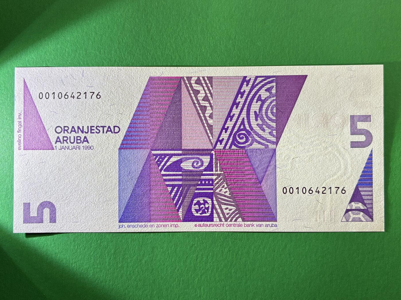 咖啡豆•收藏 2026年Mar_19th世界各国纸币拍卖 阿鲁巴 1990年 5弗罗林 全新UNC 外国 美洲纸币