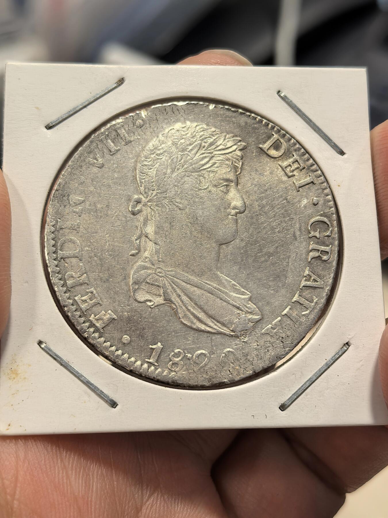 博洋堂世界钱币拍卖第164期（全场包邮） 西属墨西哥1820年MO JJ斐迪南七世双柱银币8R，美品，比卡四少见多了