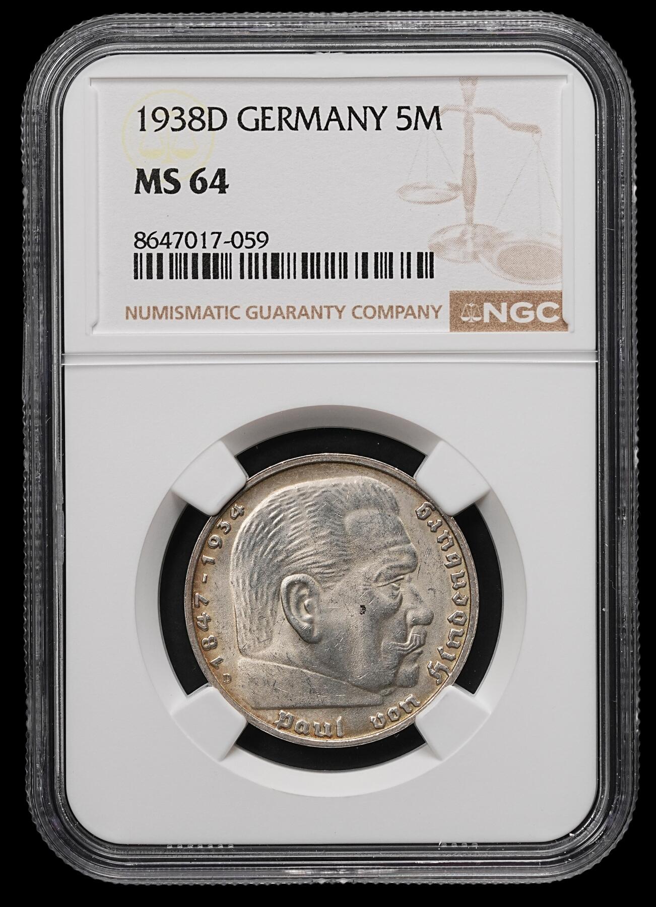 修遠堂世界钱币第107期 NGC MS64 1938年兴登堡5马克银币，D厂铭