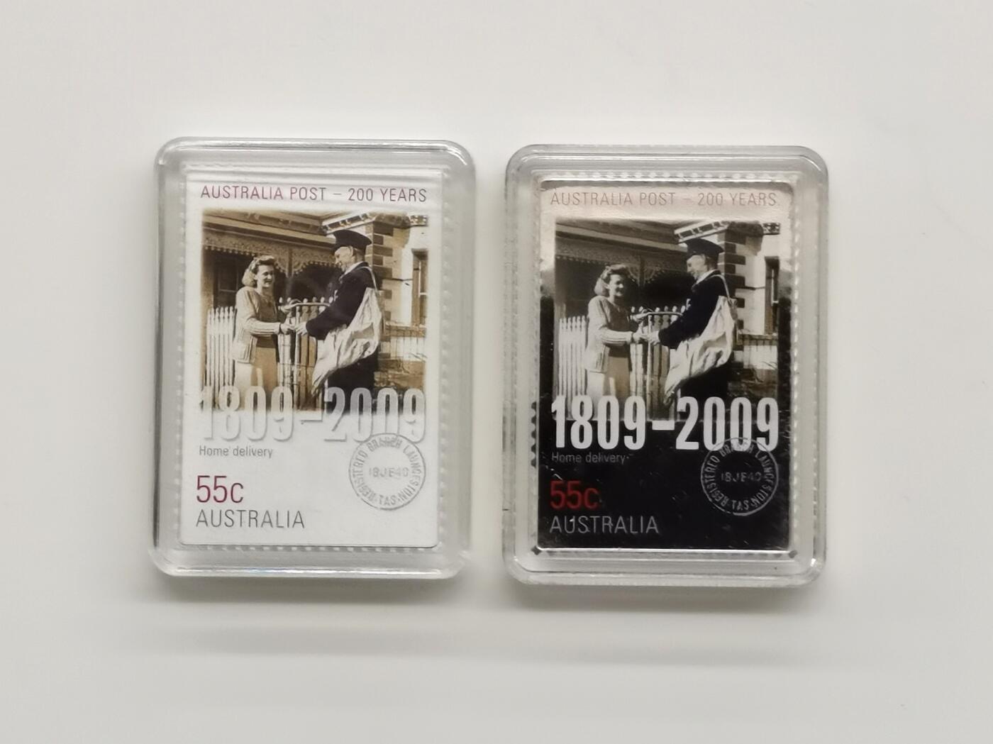 博洋堂世界钱币拍卖第164期（全场包邮） 澳大利亚2009年55分邮币套 邮政服务200年（含一枚邮票） 1/2盎司999银 发行量：9千 盒证全