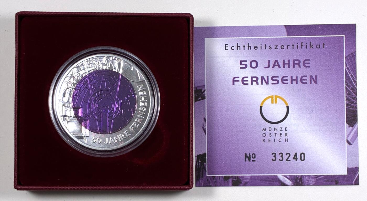 【雨安】【直播拍卖】【第0127期-裸币套币】2026-03-13 周五 19:30 (金价1140, 银价21.50) [现代装帧] Austria 欧元 奥地利 25欧元 2005年 电视技术发展50年 铌芯银币