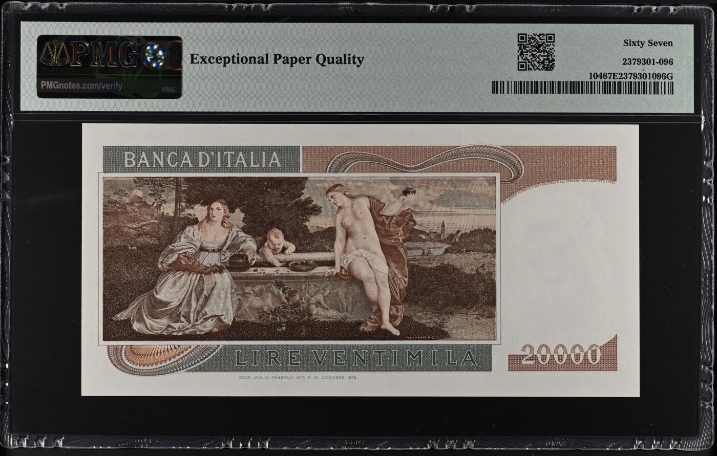 《艾美收藏》第236期-3.15周日外币畅拍 意大利1975年超少见AA冠20000里拉PMG67E亚军分 冠军68分仅4张 名誉品提香 经典名画《神圣的爱与世俗的爱》 Pick#104