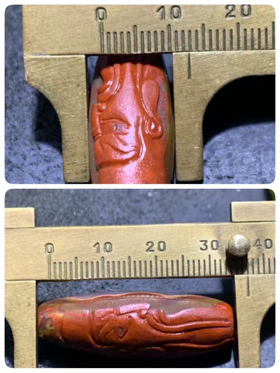 精美冰飘亚光战国红玛瑙手工俏色巧雕武财神忠义关二爷随形桶珠一颗