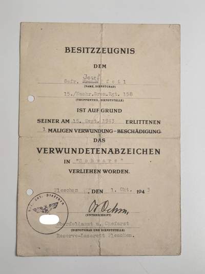 小驴勋章奖章收藏3月14日周六晚六点拍卖（珍爱和平，收藏战争，铭记历史，勿忘国耻，忠党爱国。有偿代拍，送拍规则在简介最后，参拍须阅读规则后再参拍，关系到运费包装发货时效真假辨别等关键信息，拍卖时不再发原图，看大图店主微信码在拍卖店铺介绍里） - 1943年黑色战伤奖章的证书