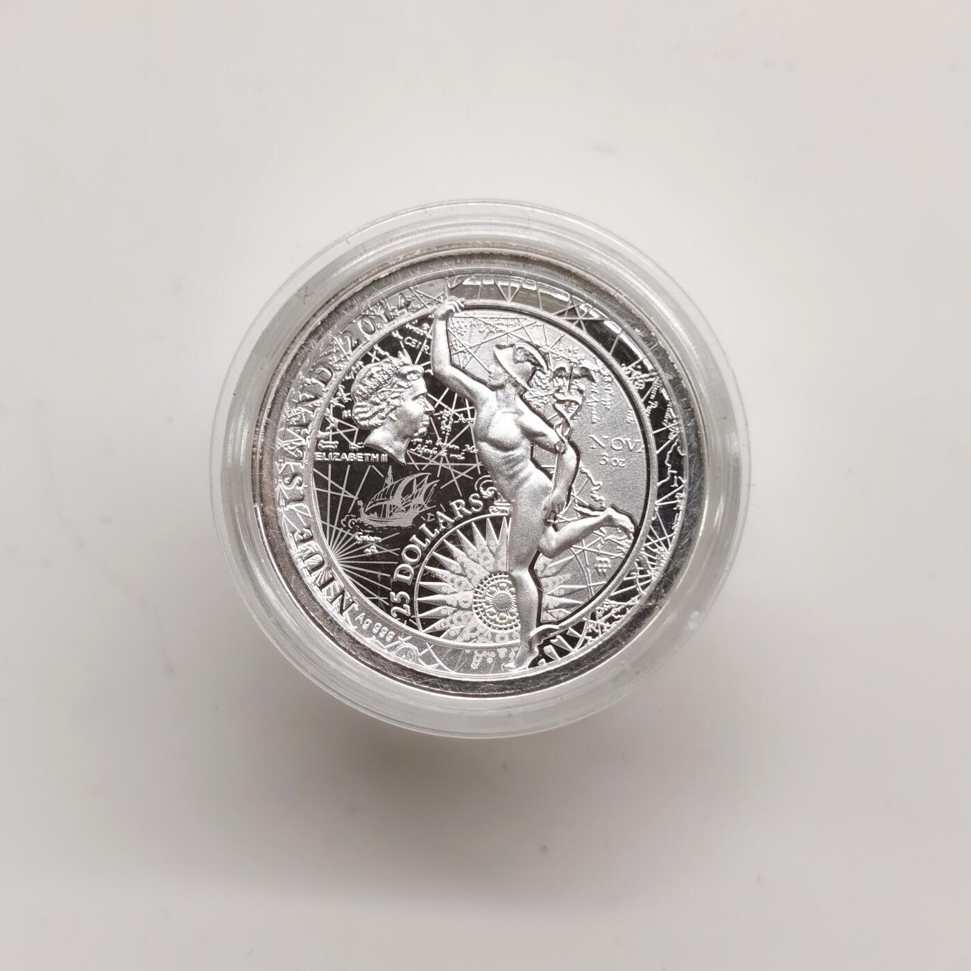 博洋堂世界钱币拍卖第164期（全场包邮） 纽埃2014年25元镀金精制圆柱形银币 平安归来-墨丘利（众神的使者，是商业/交通/旅行/畜牧和小偷的守护神） 3盎司999银 发行量：2014 盒证全