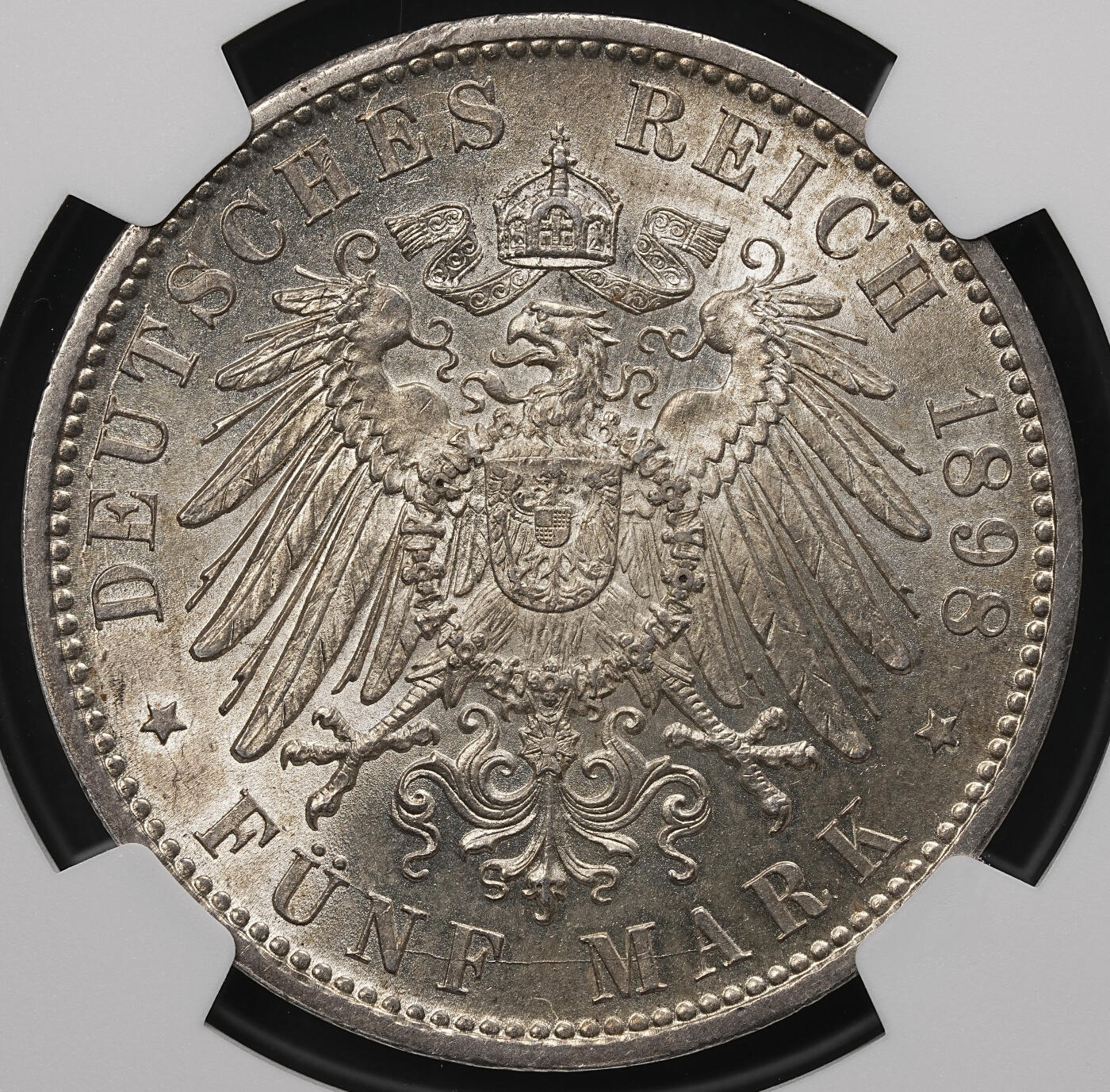 修遠堂世界钱币第107期 NGC MS62 1898年巴伐利亚5马克银币，少见的早期年份，有分不易