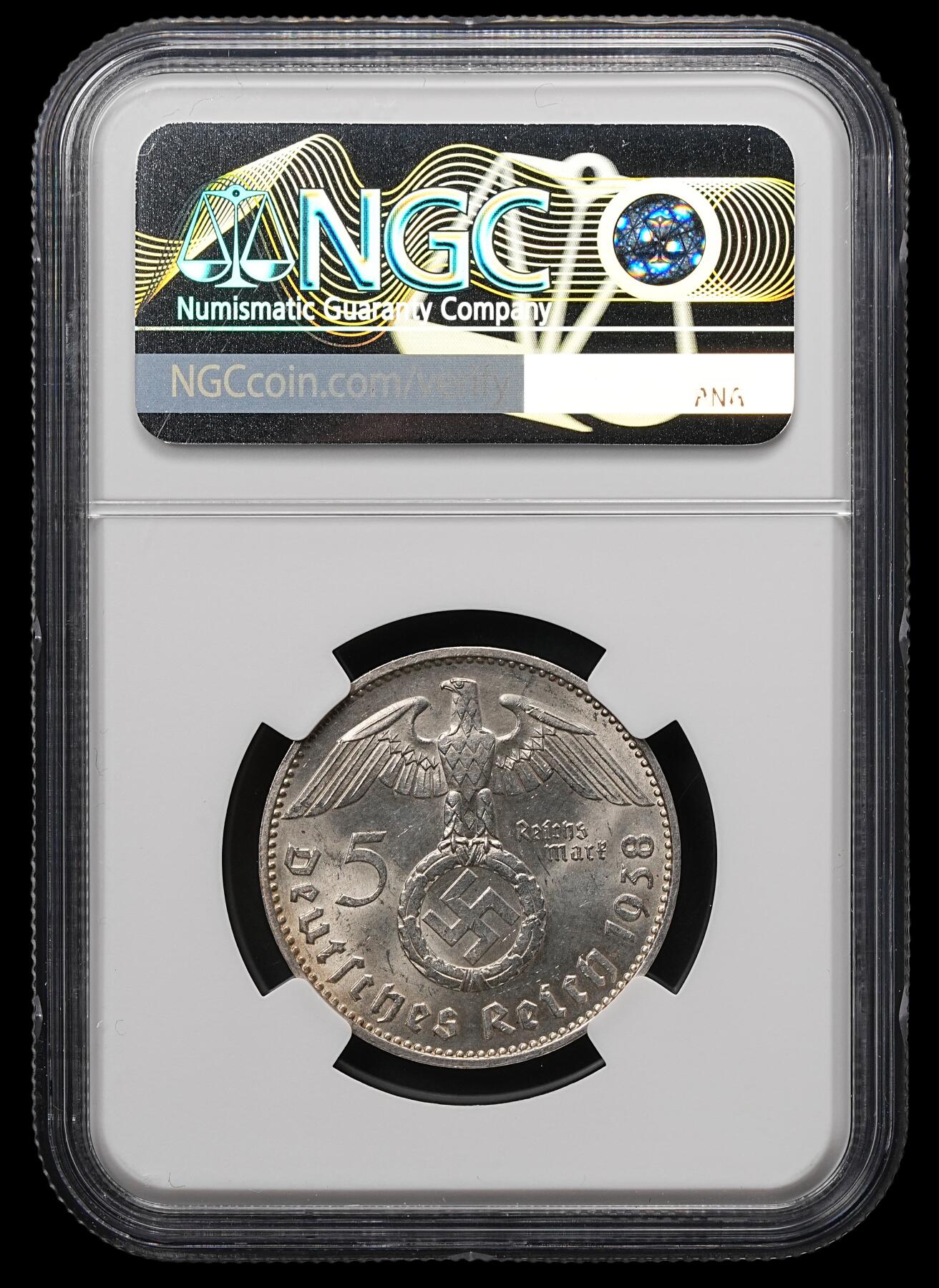 修遠堂世界钱币第107期 NGC MS63 1938年兴登堡5马克银币，J厂铭