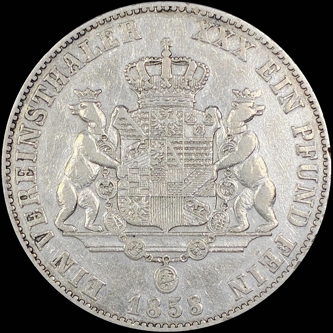 【雨安】【直播拍卖】【第0127期-裸币套币】2026-03-13 周五 19:30 (金价1140, 银价21.50) [裸币德国] Germany 德国 德意志 1泰勒 Anhalt-Dessau安哈特 Thun.009 KM#0014 (1858) 双熊 1858年