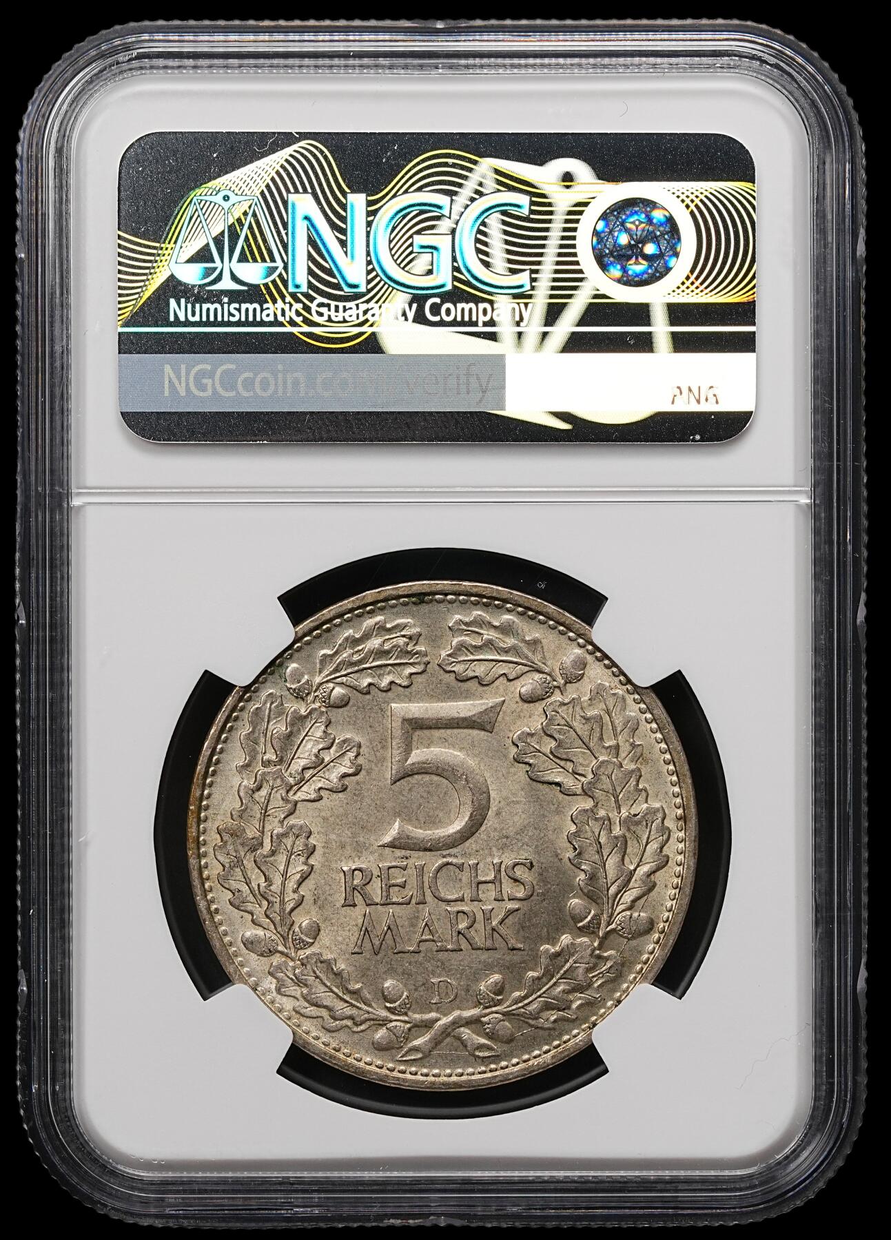 修遠堂世界钱币第107期 NGC MS63 1925年德国魏玛政府-莱茵兰千年纪念5马克银币，D厂铭