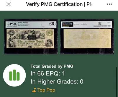 【Blue Auction】✨世界纸币精拍800期盛典——白金之夜🔥🔥🔥  U-【唯一冠军分 24小号实钞 PMG错标号码 该品种非常非常罕见】美国 缅因州 1861年2美金 PMG66EPQ 女纺织工&小女孩 飞鹰点缀 设计精美 值此一张 如此高分 不容错过的品种