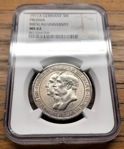 凡希社世界钱币微拍第三百二十一期 - 1911A德国普鲁士布雷斯劳大学纪念3马克NGC-MS62