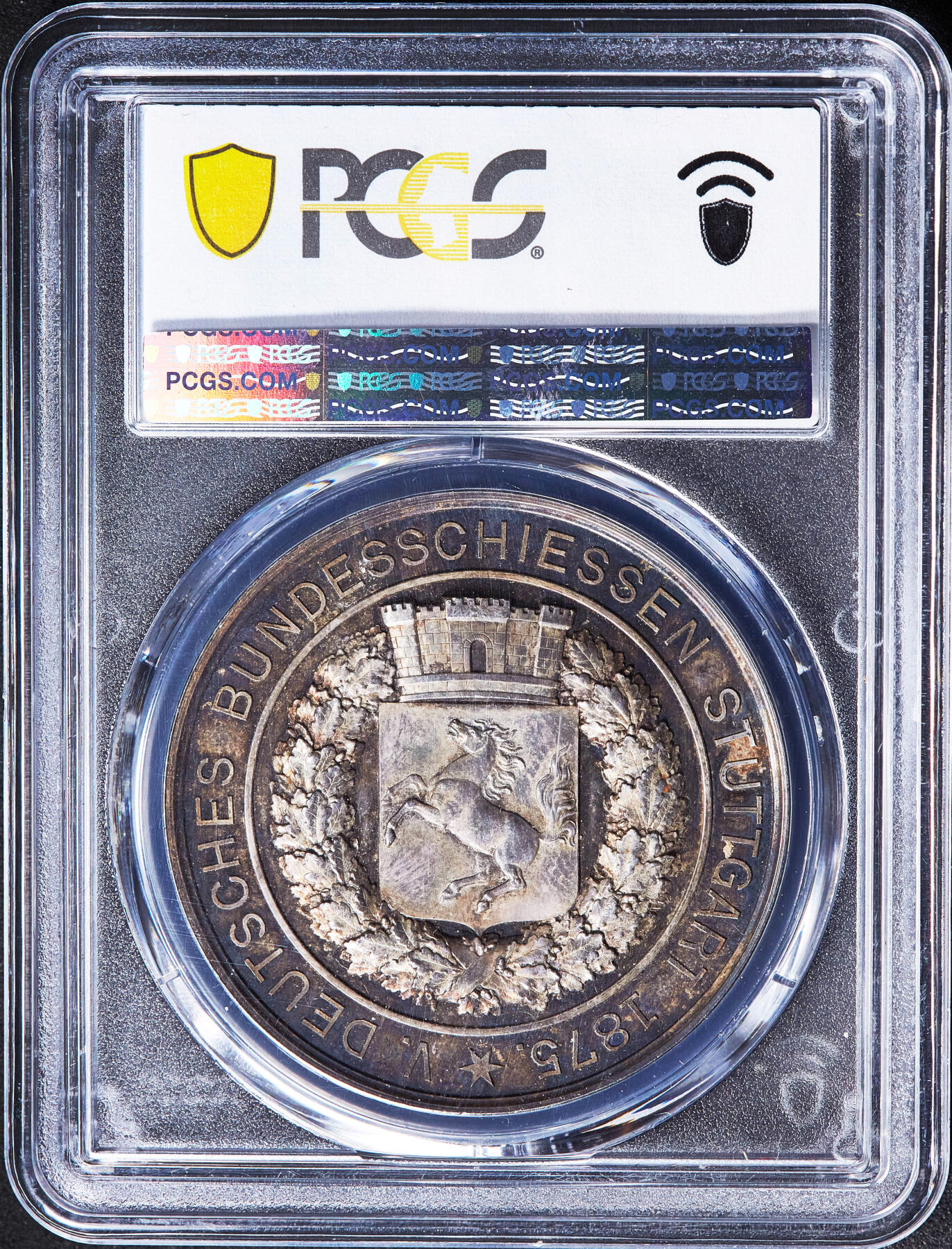 【俄甄集藏】2026年(049)03-18星期三 晚 19:30 全场包邮 德国1875年日耳曼女神站像与城市纹章纪念斯图加特联邦射击节大银章，PCGS SP63，酱彩老包浆，高浮雕，底板凝霜，设计精美