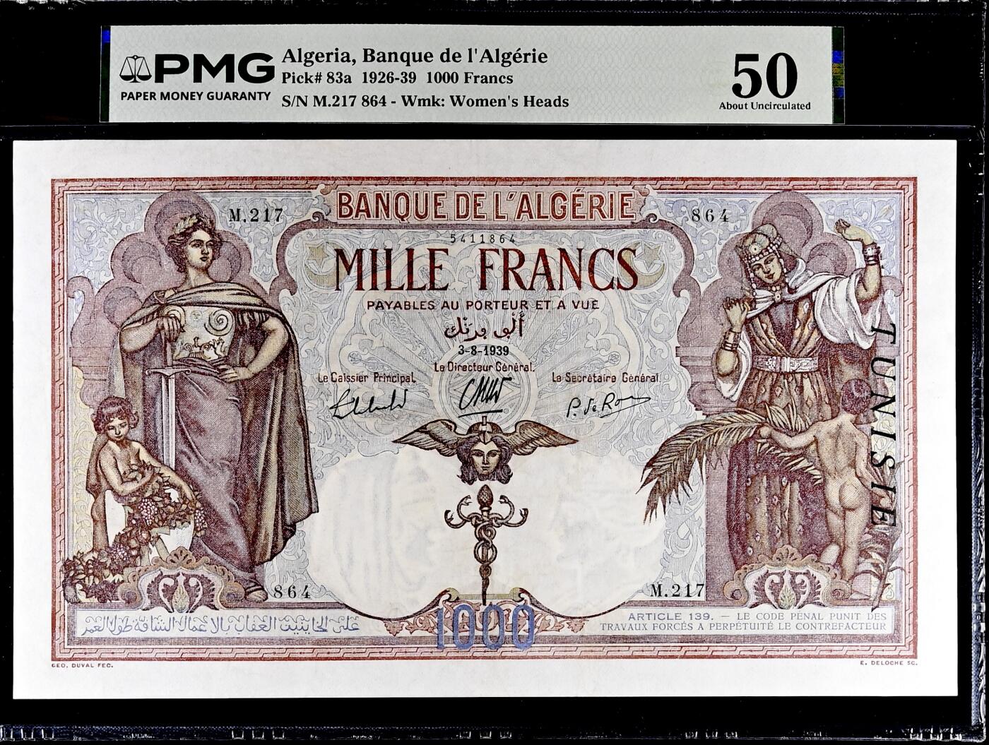【Blue Auction】✨世界纸币精拍800期盛典——白金之夜🔥🔥🔥 T-【唯一冠军分 无背标 法属大珍 正面右侧加盖，错标，远比普通阿尔及利亚P83a版稀有】突尼斯1939年1000法郎  P-11b 正面、背面及水印人物皆以法兰西和阿拉伯妇孺对称式布局 表现殖民帝国不偏不倚的态度 设计精美繁复华丽 超大票幅 PMG50（换壳后亚军分只有30，本张断层式领先）（外拍出现过的最佳品相30分有背标已拍出2280美金，本张必将引来激烈竞价）