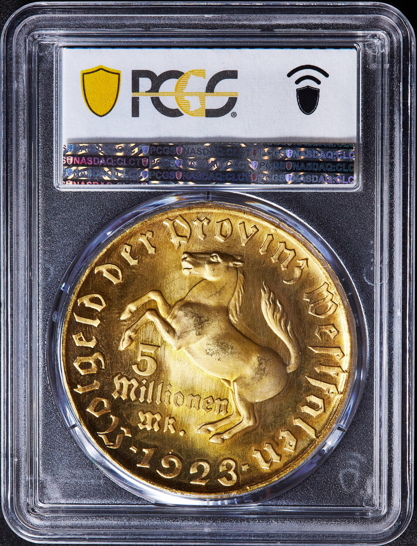 【俄甄集藏】2026年(049)03-18星期三 晚 19:30 全场包邮 德国1923年紧急时期威斯特法伦马币500万马克三行字大铜币，PCGS MS65，稀少总筋品种，金水足，类精制底板，顶级状态