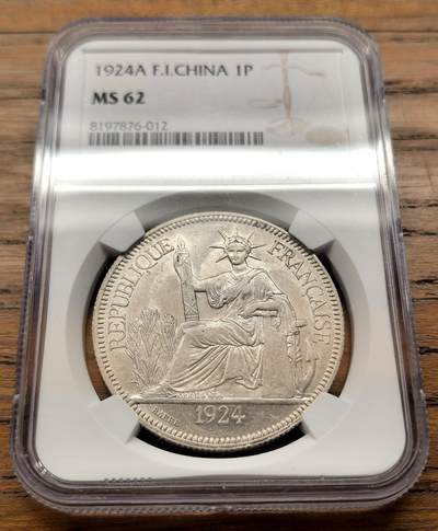 凡希社世界钱币微拍第三百二十一期 - 1924A法属印度支那皮亚斯特大银NGC-MS62，质感一流（附视频）
